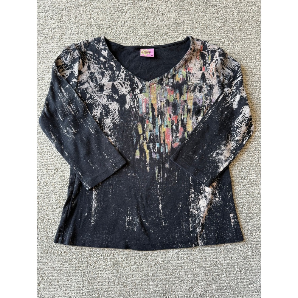 Mykonos V-Neck‎ Graphic Top Black Abstract Paint Drip 3/4 Sleeve Cotton Made USA